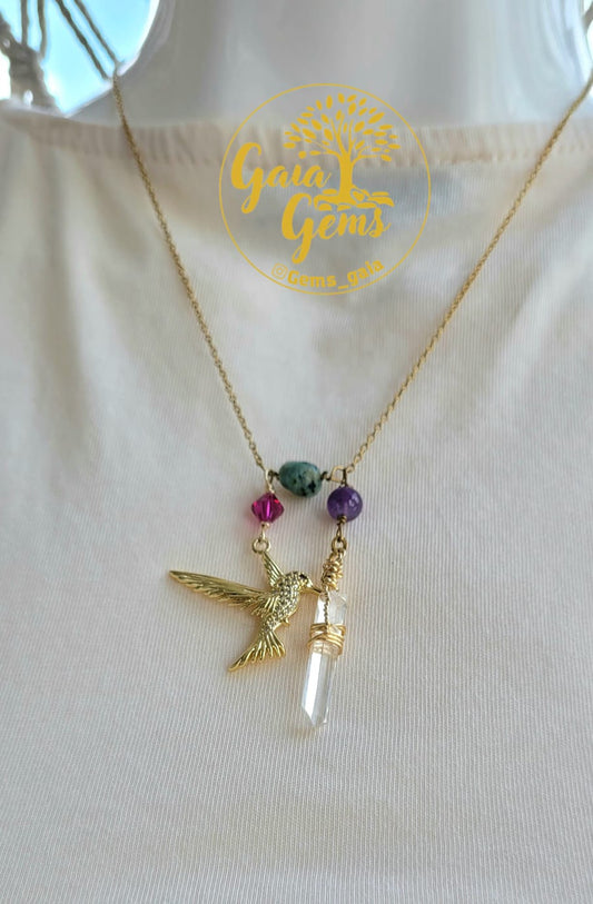 Colar Colibrí con cuarzos , Turquesa, Amatisya y Swarovsky.